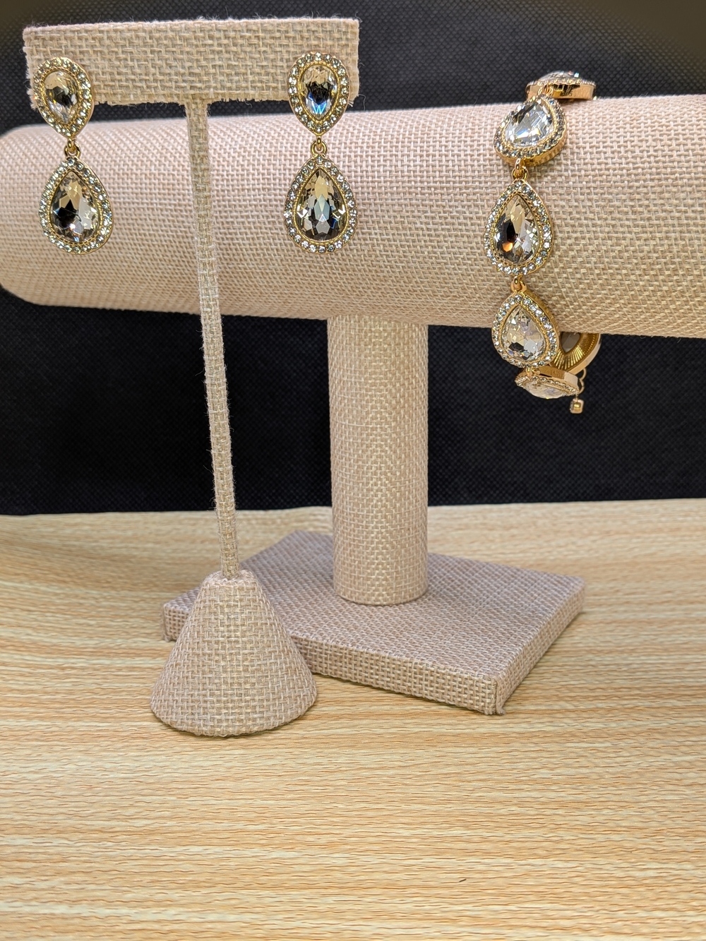 Gold Teardrop Crystal Drop Earrings & Bracelet Set - Bridal Jewelry